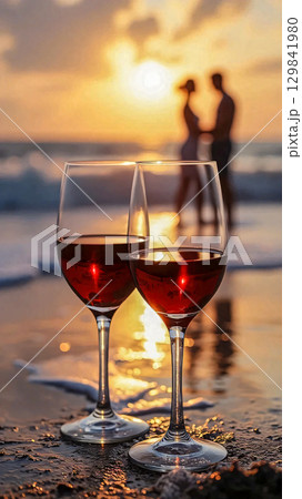 Two glasses and a couple in love against the backdrop of the sea. Two glasses filled with ruby-colored drink on a sandy beach with soft waves.  129841980