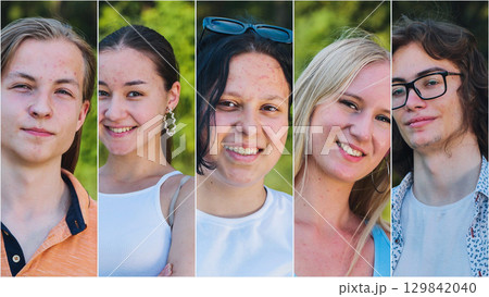 Five diverse high school students are showing their happiness in a cheerful portrait collage 129842040