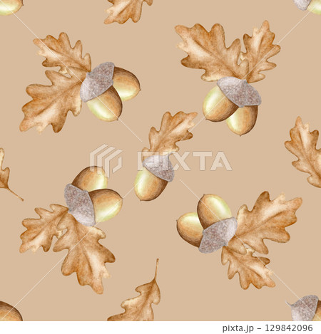 seamless pattern of autumn acorns and oak leaves, hand-drawn in watercolor. seamless pattern of autumn acorns and oak leaves, hand-drawn in watercolor. 129842096