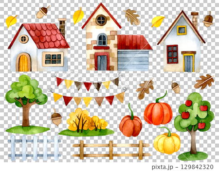 set with cute autumn houses and pumpkins, watercolor illustration. drawing for children cartoon 129842320