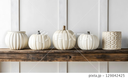 White pumpkins and decorative items arranged on a wooden shelf in a cozy indoor setting 129842425