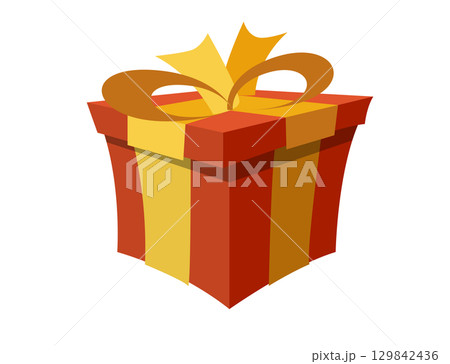 Red holiday gift box icon with yellow bow and ribbon packaging 129842436