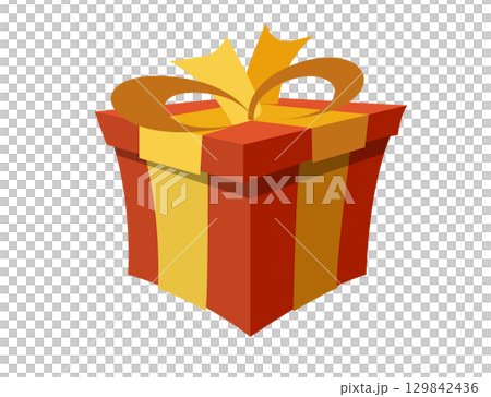 Red holiday gift box icon with yellow bow and ribbon packaging 129842436
