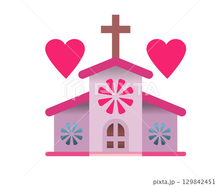 Christian wedding pink church icon with cross and red heart on the building 129842451