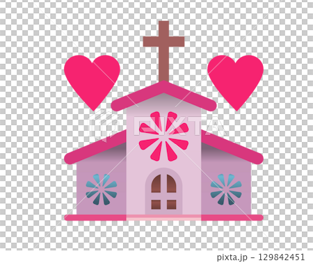 Christian wedding pink church icon with cross and red heart on the building 129842451
