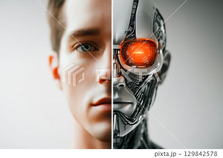 Split screen of mans face and robot concept, showcasing future technology 129842578