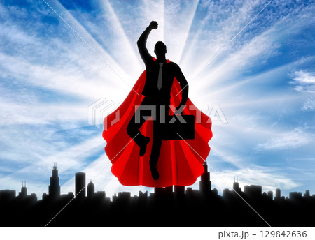 Superhero businessman flies to work Superhero businessman flies to work 129842636