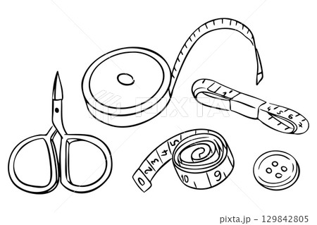 Sewing and measuring tools including scissors, button, and tape measures in black and white outline Sewing and measuring tools including scissors, button, and tape measures in black and white outline 129842805