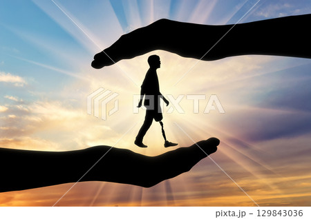 Concept of aid and care for disabled with a prosthetic leg Concept of aid and care for disabled with a prosthetic leg 129843036