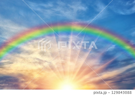 Beautiful evening sunset with rainbow Beautiful evening sunset with rainbow 129843088