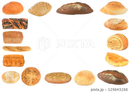 Frame of healthy, tasty, fresh bread products isolated on white Frame of healthy, tasty, fresh bread products isolated on white 129843288