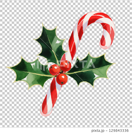 Christmas candy cane with holly leaves and red berries, festive illustration isolated on transparent background. Classic holiday sweet design. Christmas candy cane with holly leaves and red berries, festive illustration isolated on transparent background. Classic holiday sweet design. 129843336