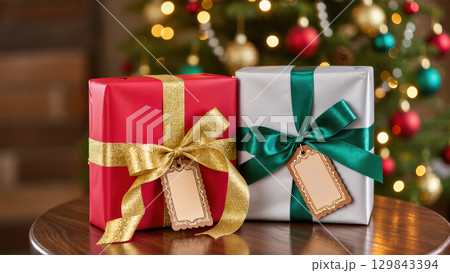 Christmas gift boxes with golden and green ribbons and blank tags on wooden table, festive tree lights in background 129843394