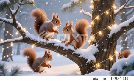 Christmas forest scene with squirrels playing on snowy tree branches decorated with glowing lights in winter wonderland 129843395