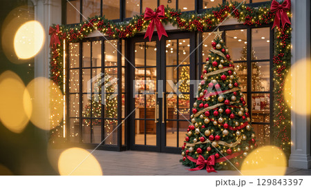 Christmas storefront with decorated tree, glowing lights, red bows and festive garlands creating a welcoming holiday entrance 129843397