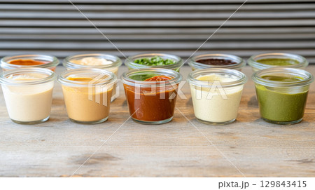 Variety of glass jars with assorted sauces on wooden table background Variety of glass jars with assorted sauces on wooden table background 129843415