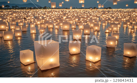 Floating lanterns on water during Asian festival night, serene atmosphere 129843431