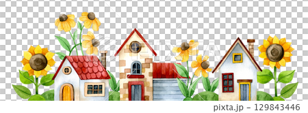 composition with cute autumn house and sunflowers, watercolor illustration. drawing for children cartoon. composition with cute autumn house and sunflowers, watercolor illustration. drawing for children cartoon. 129843446