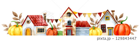 composition with cute autumn house and pumpkins, watercolor illustration. drawing for children cartoon. composition with cute autumn house and pumpkins, watercolor illustration. drawing for children cartoon. 129843447