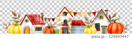 composition with cute autumn house and pumpkins, watercolor illustration. drawing for children cartoon. 129843447