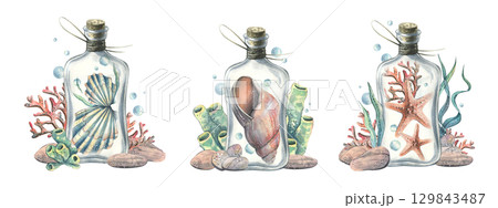 Marine clip art set with shells, starfish, bottles and corals in soft pastel tones, hand-painted watercolor illustration for crafts, invitations, digital projects and nautical decorative design. Marine clip art set with shells, starfish, bottles and corals in soft pastel tones, hand-painted watercolor illustration for crafts, invitations, digital projects and nautical decorative design. 129843487