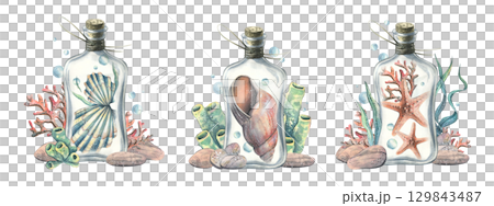 Marine clip art set with shells, starfish, bottles and corals in soft pastel tones, hand-painted watercolor illustration for crafts, invitations, digital projects and nautical decorative design. Marine clip art set with shells, starfish, bottles and corals in soft pastel tones, hand-painted watercolor illustration for crafts, invitations, digital projects and nautical decorative design. 129843487