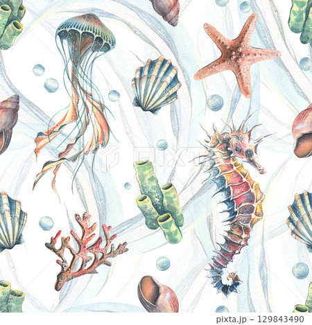 Seamless ocean pattern with jellyfish, seahorses, shells and starfish in turquoise palette, hand-painted watercolor illustration for textiles, wallpapers, packaging and nautical decor. Seamless ocean pattern with jellyfish, seahorses, shells and starfish in turquoise palette, hand-painted watercolor illustration for textiles, wallpapers, packaging and nautical decor. 129843490