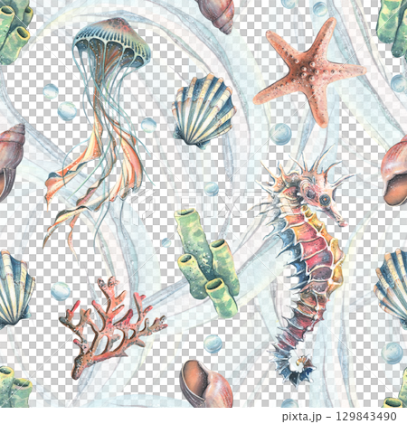 Seamless ocean pattern with jellyfish, seahorses, shells and starfish in turquoise palette, hand-painted watercolor illustration for textiles, wallpapers, packaging and nautical decor. Seamless ocean pattern with jellyfish, seahorses, shells and starfish in turquoise palette, hand-painted watercolor illustration for textiles, wallpapers, packaging and nautical decor. 129843490