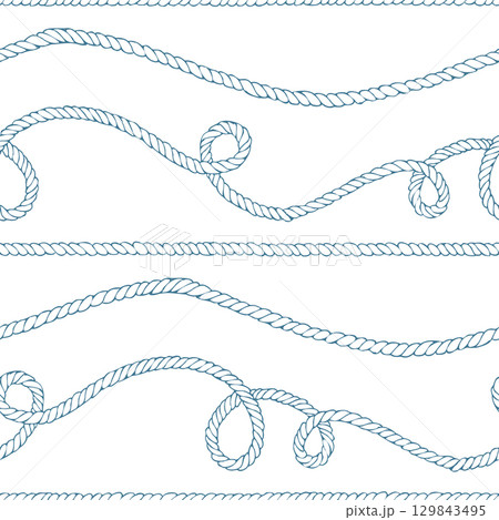 Long horizontal ropes with loose coils and knots, airy spacing on white. Hand-drawn ink line art illustration. Seamless pattern for wrapping tissue, washi tapes and header strips. 129843495