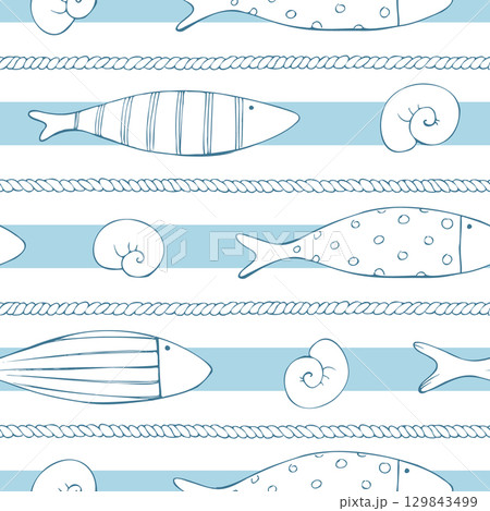 Horizontal stripes with fish, sea rope and shells in calm pale blue tones for neat repetition. Hand drawn line illustration. Seamless pattern for baby products, ribbons and digital paper. 129843499