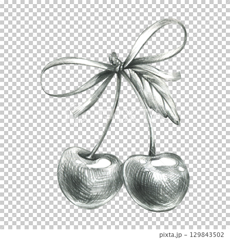 Two cherries with large ribbon bow in monochrome realistic style, hand drawn line art illustration using grey graphite pencil, ideal for packaging, branding, decorative prints and food labels. Two cherries with large ribbon bow in monochrome realistic style, hand drawn line art illustration using grey graphite pencil, ideal for packaging, branding, decorative prints and food labels. 129843502