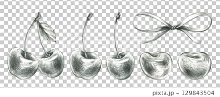 Collection of cherries, bows and halves in monochrome style, hand drawn line art illustration using grey graphite pencil, perfect for decorative kitchen design, packaging and branding. 129843504