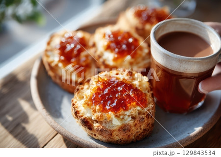 Enjoy a Delicious Breakfast Freshly Toasted Bread with Sweet Jam and a Hot Cup of Coffee Enjoy a Delicious Breakfast Freshly Toasted Bread with Sweet Jam and a Hot Cup of Coffee 129843534