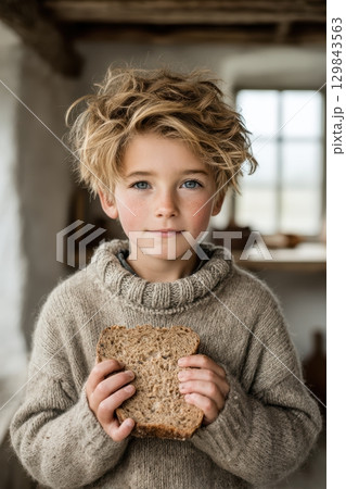 A Young Child Holding a Freshly Baked Loaf of Bread in a Cozy and Inviting Atmosphere A Young Child Holding a Freshly Baked Loaf of Bread in a Cozy and Inviting Atmosphere 129843563