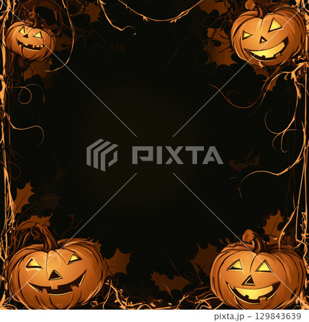 Black Halloween background with pumpkin and tree. Abstract grunge wallpaper for design holiday party 129843639