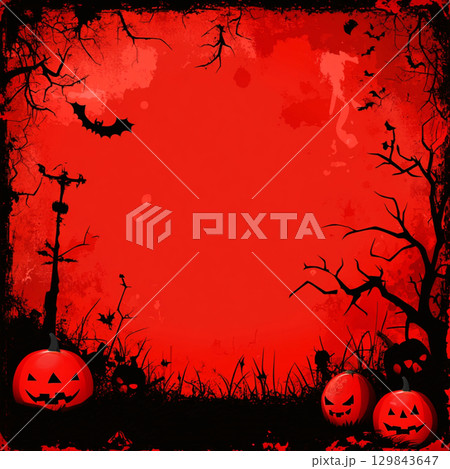 Red Halloween background with pumpkin and tree. Abstract grunge wallpaper for design holiday party 129843647