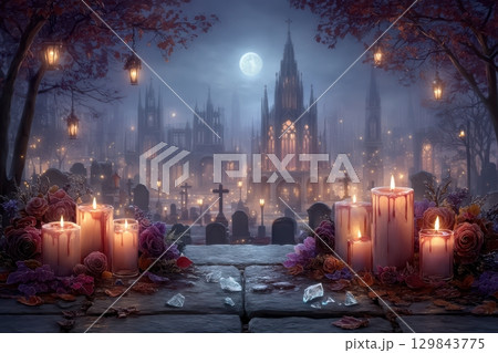 A Fascinating and Mysterious Night Scene Featuring Beautiful Candles and Gothic Architecture A Fascinating and Mysterious Night Scene Featuring Beautiful Candles and Gothic Architecture 129843775