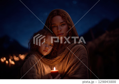 A beautiful scene of a Mother and Child in candlelight, under a tranquil Night Sky at dusk 129843800
