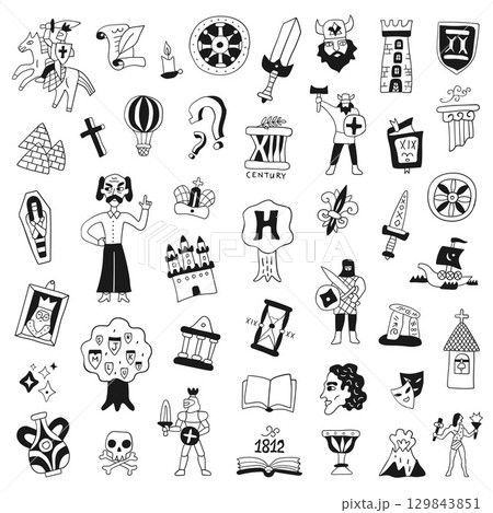 Symbols of history doodle set, hand drawn people characters, historical monuments, objects and signs isolated vector elements 129843851