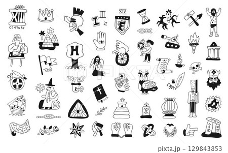 Symbols of history doodle set, hand drawn people characters, historical monuments, objects and signs isolated vector elements 129843853