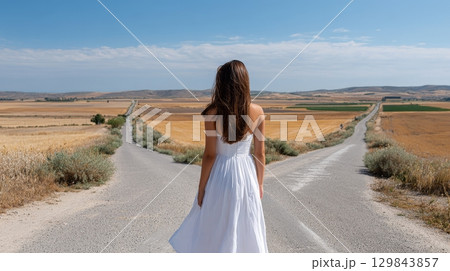 Young caucasian female in white dress facing forked road in countryside landscape. 129843857
