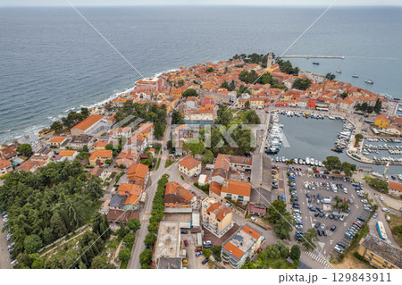 Aerial drone view of Novigrad coastal town in Croatia. Aerial drone view of Novigrad coastal town in Croatia. 129843911