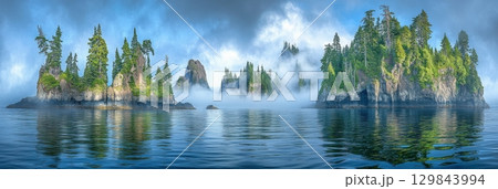 Misty Morning Island Landscape Serene Nature Scene Picturesque Coastal View Breathtaking Ocean 129843994
