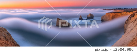 Dramatic Coastal Cliffs Sunset Ocean Fog Sea Rocks Nature sky art view calm pink blue gray wild Dramatic Coastal Cliffs Sunset Ocean Fog Sea Rocks Nature sky art view calm pink blue gray wild 129843996