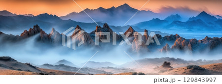 Majestic Mountain Peaks Sunrise Fog Misty Landscape Nature Scenery Breathtaking View Awesome 129843997