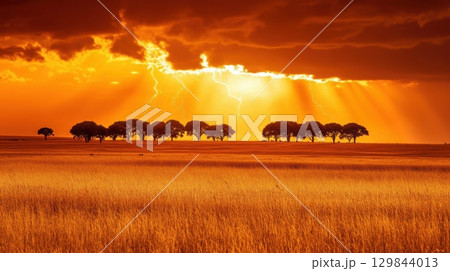 African Savanna Sunset Dramatic Lightning Sky Golden Grassland Trees red day warm wild field storm 129844013