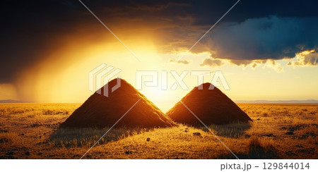 Golden Sunset Landscape Dramatic Haystacks Rural Scene Peaceful Nature Serene Environment Golden Sunset Landscape Dramatic Haystacks Rural Scene Peaceful Nature Serene Environment 129844014