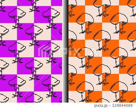 Checkerboard background repeat pattern set of 2. Hand drawn autumn mushroom symbol, black ink blob brush line doodle sketch style, Halloween holiday party concept. Cute vector illustration Checkerboard background repeat pattern set of 2. Hand drawn autumn mushroom symbol, black ink blob brush line doodle sketch style, Halloween holiday party concept. Cute vector illustration 129844089