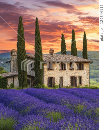 Tuscan Farmhouse Sunset Lavender Field Idyllic Rural Italian Landscape sky view calm home trees 129844112