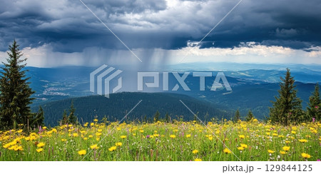 Mountain Meadow Summer Rain Dramatic Sky Stunning View Beautiful Landscape Nature Scenery blue peak 129844125